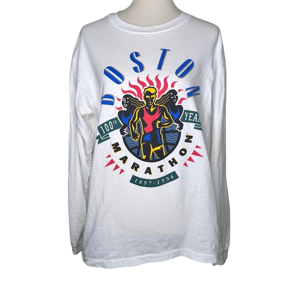 Vintage 1996 Boston Marathon 100th Anniversary Shirt Mens Large White Anvil USA
